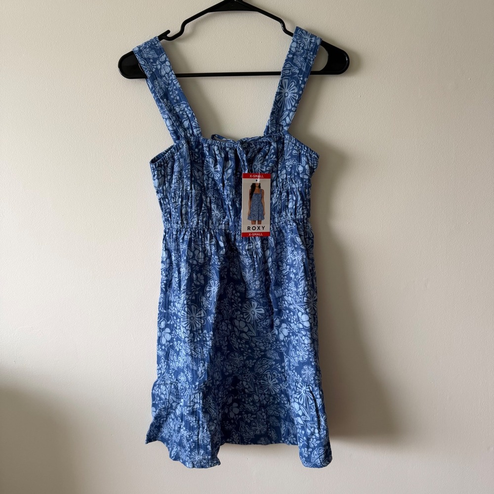 Roxy Blue Floral Smocked Mini Dress Sleeveless Cotton Sun Dress XS NWT